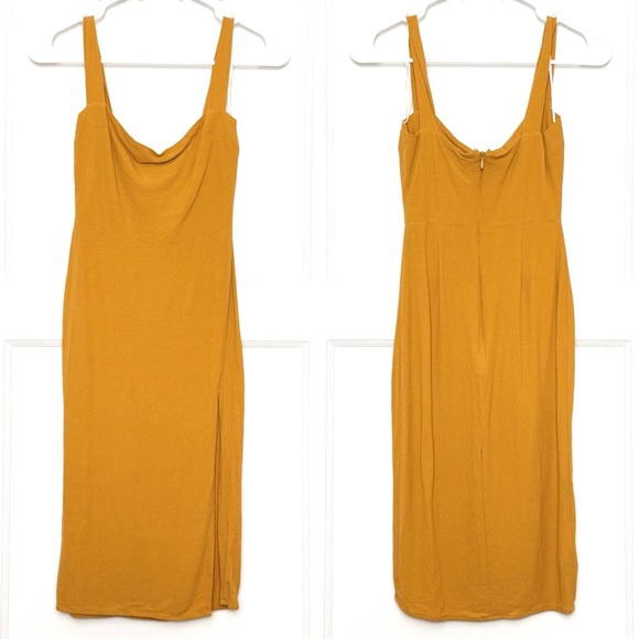 REFORMATION Goldenrod Crepe Square Neck Slim Fit Side Slit Midi Sheath Dress 0 - Picture 4 of 8